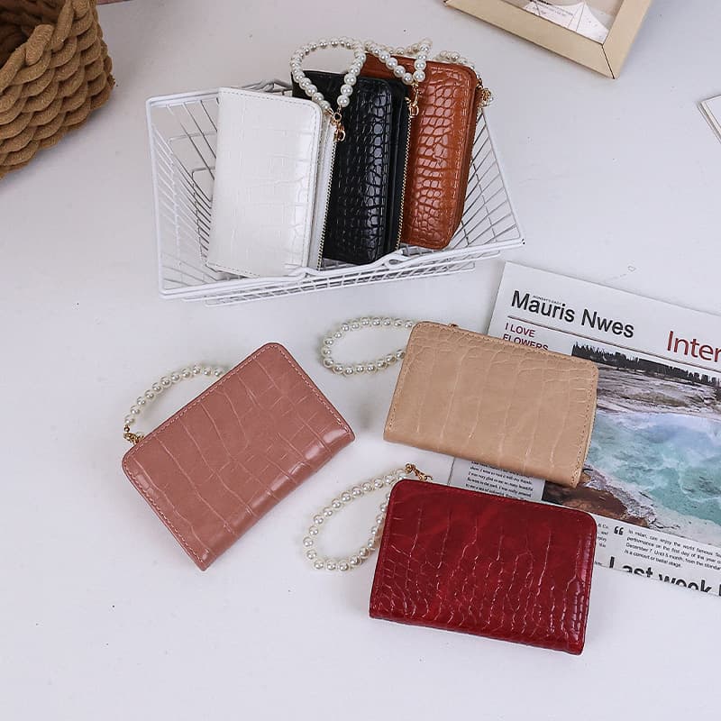 Korean Style Minimalist Women's Short Wallet with Pearl Chain, Stone Texture, Multi-Card Holder, Large Capacity Purse for Women Wholesale