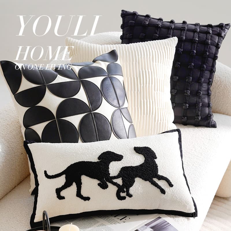 Light Luxury High-End Black and White Pillow, French Mid-Century Pillow with Embroidered Simple Design, Bed Living Room Sofa Pillow Case with Core