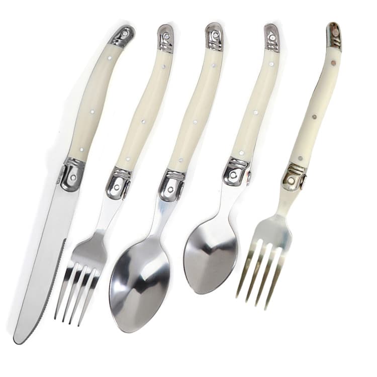 Golden Sea Yue Western restaurant 5-piece knife, fork, and spoon set, milky white plastic handle steak knife, fork, and spoon
