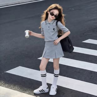 Girls' Summer School-Style Sportswear Skirt Set, New for Older Children, Fashionable Turn-Down Collar Short-Sleeve Skirt Pants Two-Piece Set
