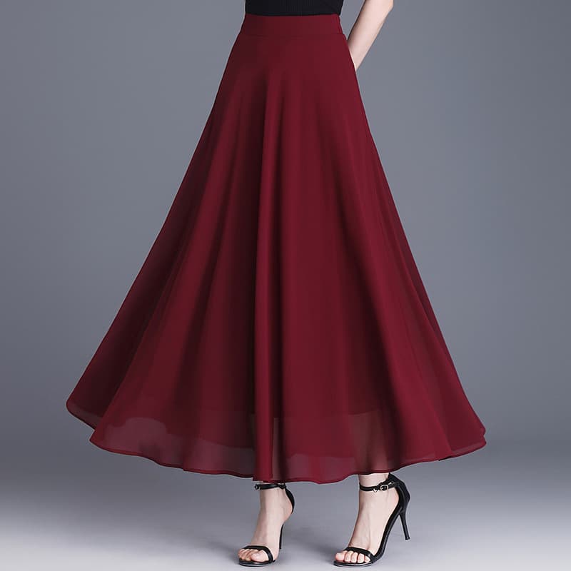 Solid Color Chiffon Flowy Midi Skirt for Women 2026 Summer New Arrival Lightweight A-Line Pleated Skirt
