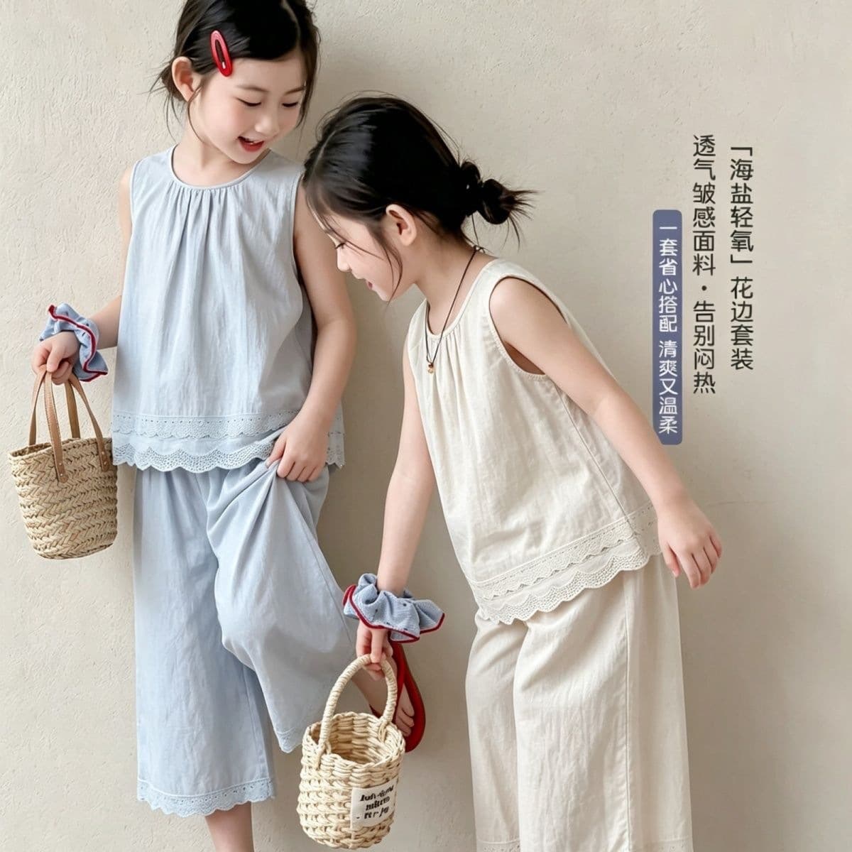 Girls Cotton Sleeveless Doll Shirt Set Summer Outfit for Toddlers and Kids Lace Trim Blouse and Pants Two-Piece