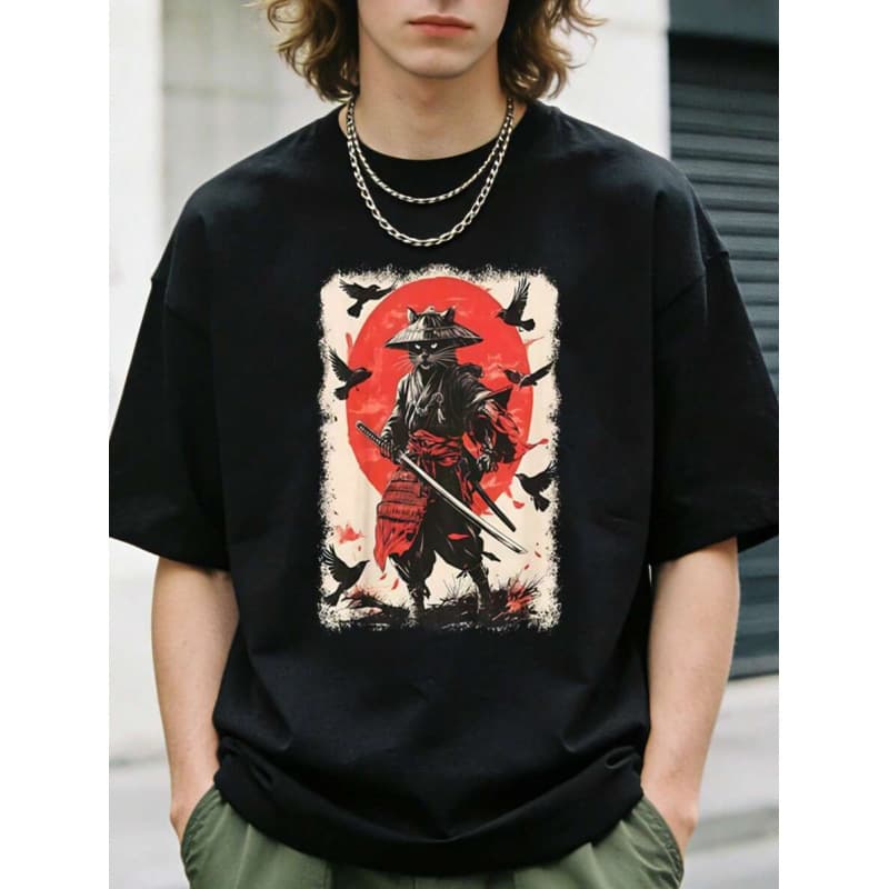 1pc Men's Clothes Cat Samurai Print Black T-Shirt, Unisex Casual