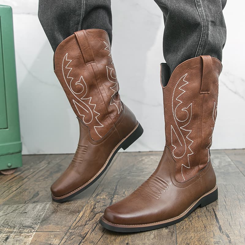 Cross-Border Autumn High-Top American Leather Boots, Western Cowboy Boots, Large Size Knight Boots, High-Top Leather Shoes, Embroidered Casual Men's Shoes