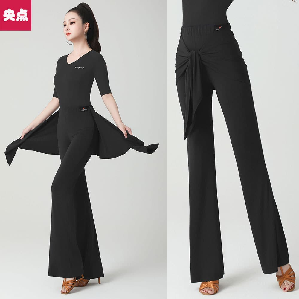 Yangdian new Latin dance pants for women, high-waist hip-hugging tie-waist faux two-piece with slight flare, ballroom pants.