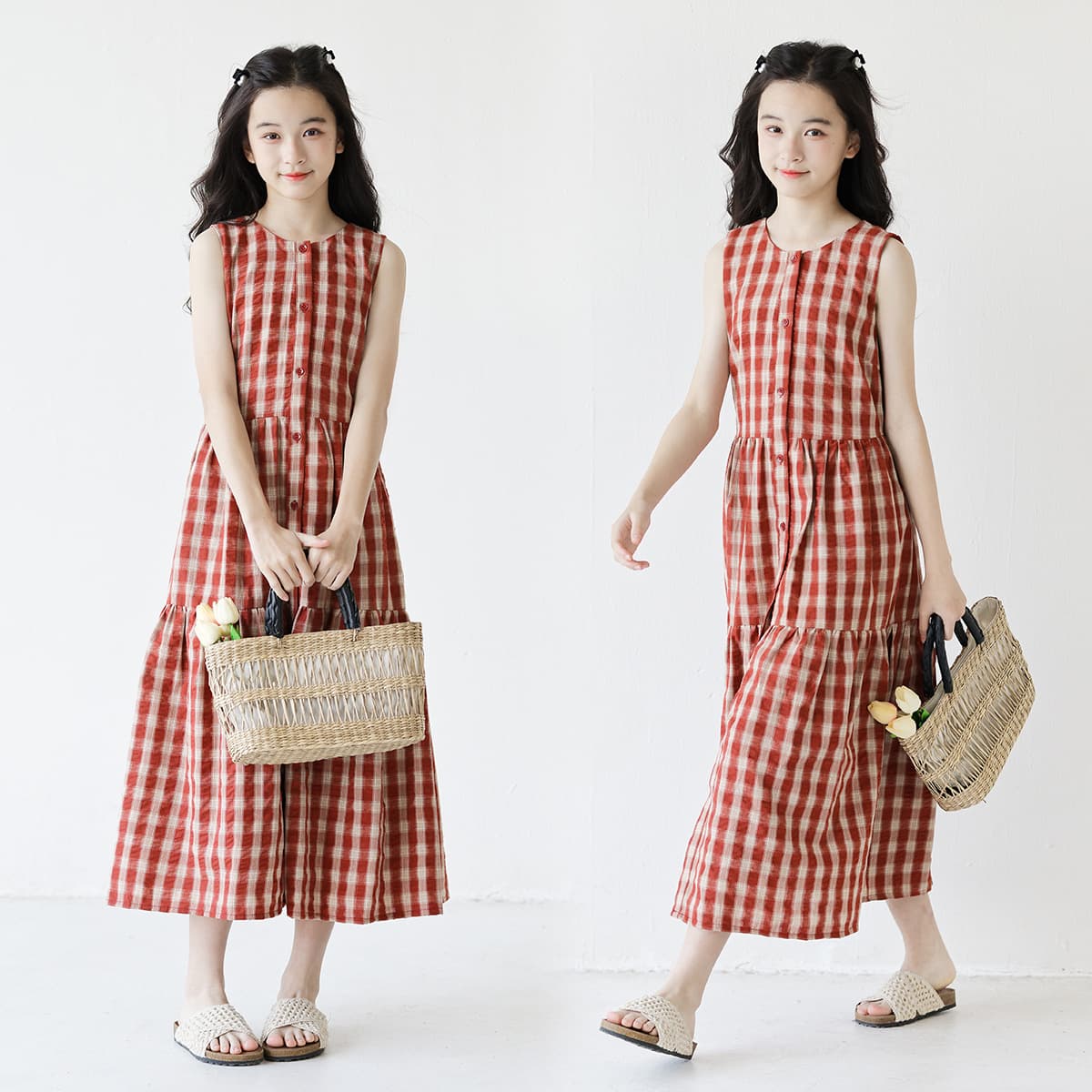 New summer long sleeveless layered dress for middle-aged and older children Korean retro dark red plaid wide-hem vest dress