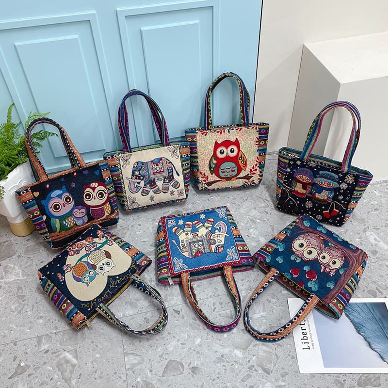 Embroidered Canvas Handbag Casual Ethnic Style Lunch Box Bag Small Tote Bag Soft Polyester Lining Zipper Closure Double Handle