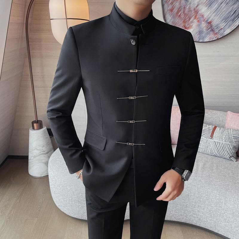 Black Zhongshan Suit Men's Autumn Winter Blazer 2026 New Stand Collar Casual Solid Single Breasted Small Suit In Stock