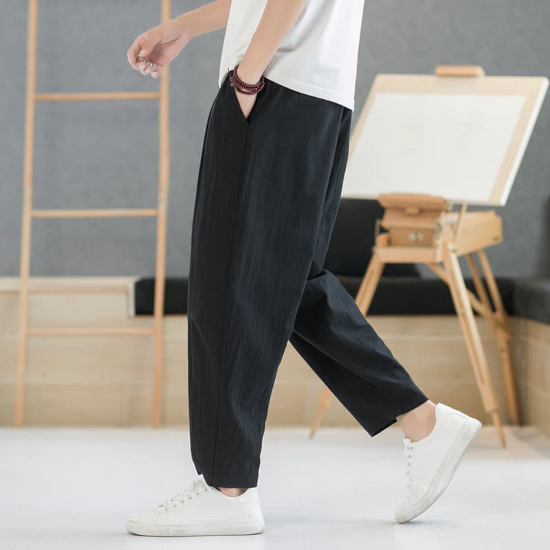 Men's Cotton Linen Cropped Pants Summer Thin Chinese Style Trendy Loose Straight Leg Linen Cotton Trousers Men Versatile Casual Long Pants