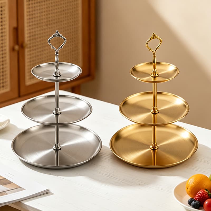 Stainless Steel Fruit Tray, Multi-layer Dessert Stand, Hotel Solid Wood Entryway Storage Decoration, Living Room Cake Plate