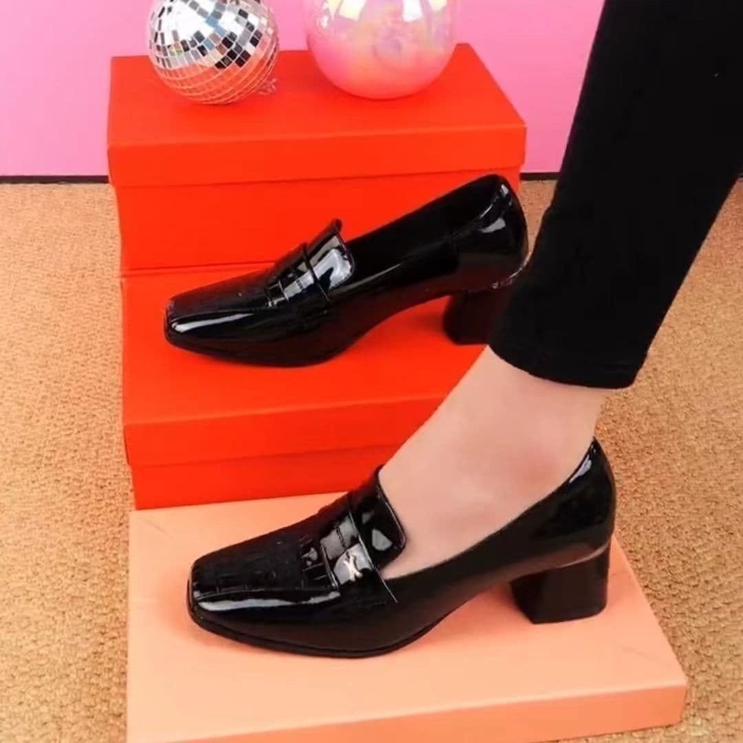 Soft Leather Flats with Mid Heel 2024 Spring New Patent Leather Shiny Square Toe Fashion Versatile Block Heel Deep Mouth Leather Shoes
