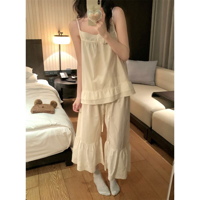 Palace Style Pure Desire Small Suspender Embroidered Lace Wide-Leg Pajama Set
