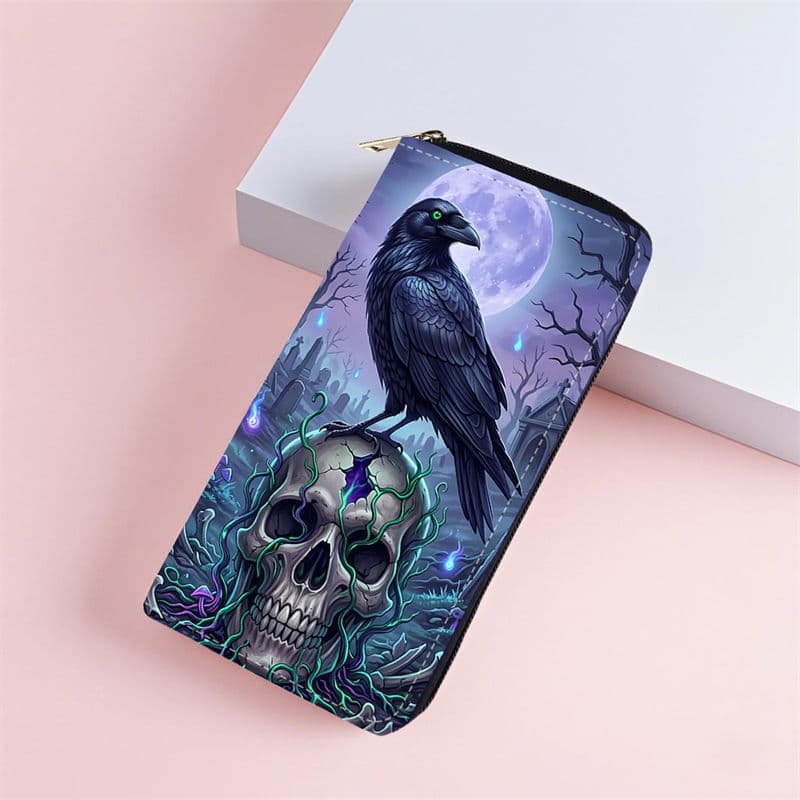 Scary Crow Cartoon PU Wallet for Women, Long Zipper Wallet, Single Zipper Pouch, Cosmetic Bag, Factory Yiwu