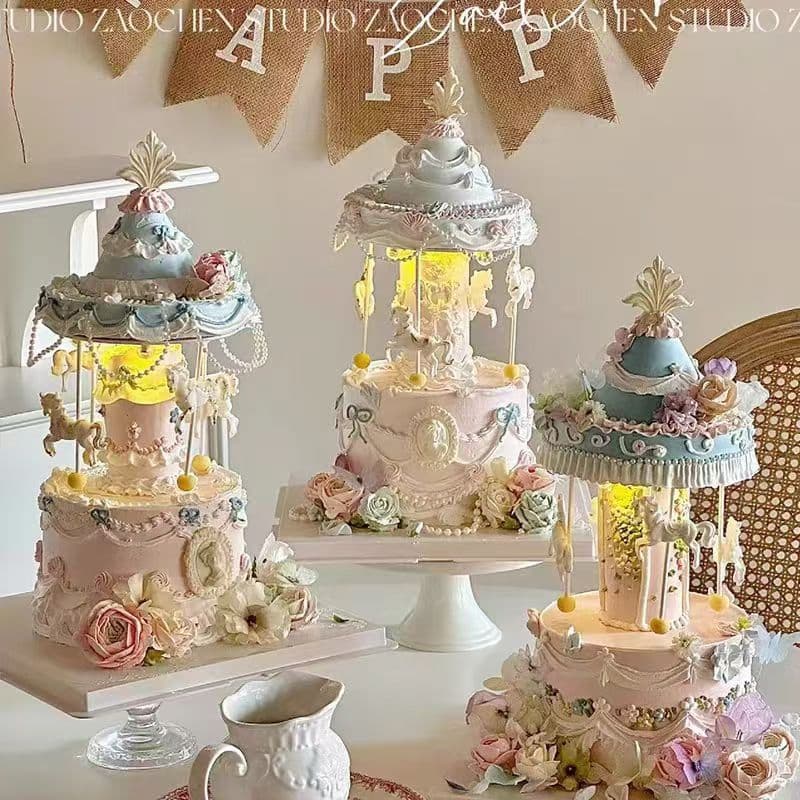Same style Korean retro baking wedding suspended automatic carousel cake base double-layer packaging in the morning
