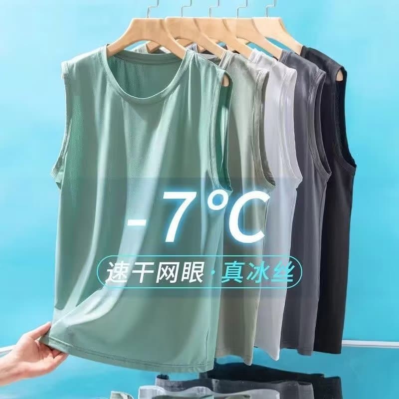 Men's Summer Ice Silk Vest Quick Dry Mesh Sleeveless Round Neck Loose Large Size Base Shirt Versatile Shoulder Pad Top