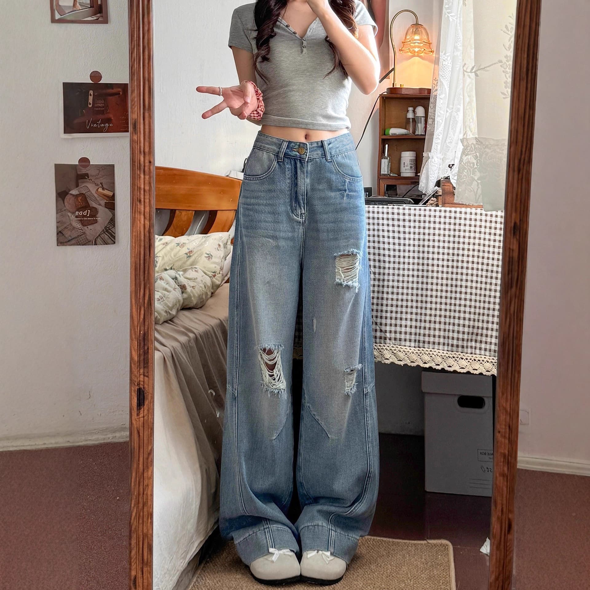 American Style Distressed Jeans for Women, Autumn New Arrival, Plus Size, Loose Fit, Slimming for Pear-Shaped Body, High-Waist Wide-Leg Pants