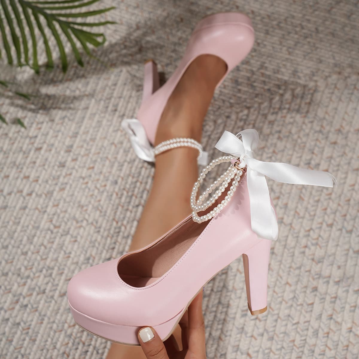 2025 Spring Wish Source Fashion High Heel Shoes Size 40-43 Large Size Shallow Mouth Beaded Platform Women's Shoes Trendy