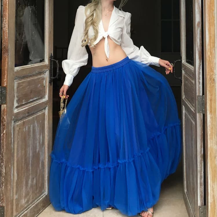 8uioio 'Alice Castle' Klein Blue Mesh Skirt Women's Spring New Draped A-Line Long Skirt