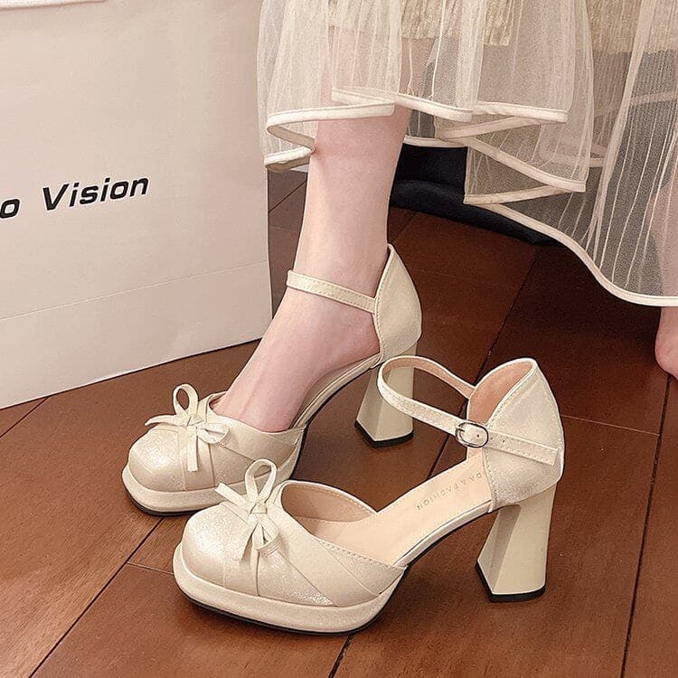 Women's High Heels New Korean Style Platform Mary Jane Shoes for Petite Women Chunky Heel Bow 2026