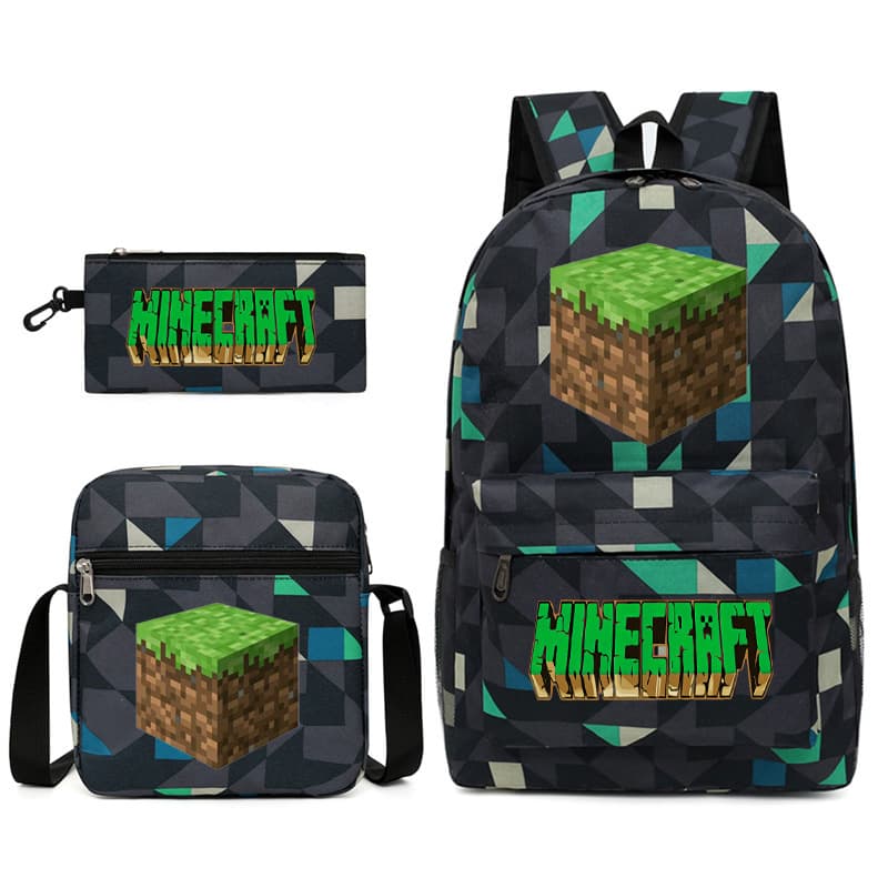21 Popular Game Minecraft Creeper Backpack Pencil Case Crossbody Bag 3-Piece Set Canvas School Bag 02