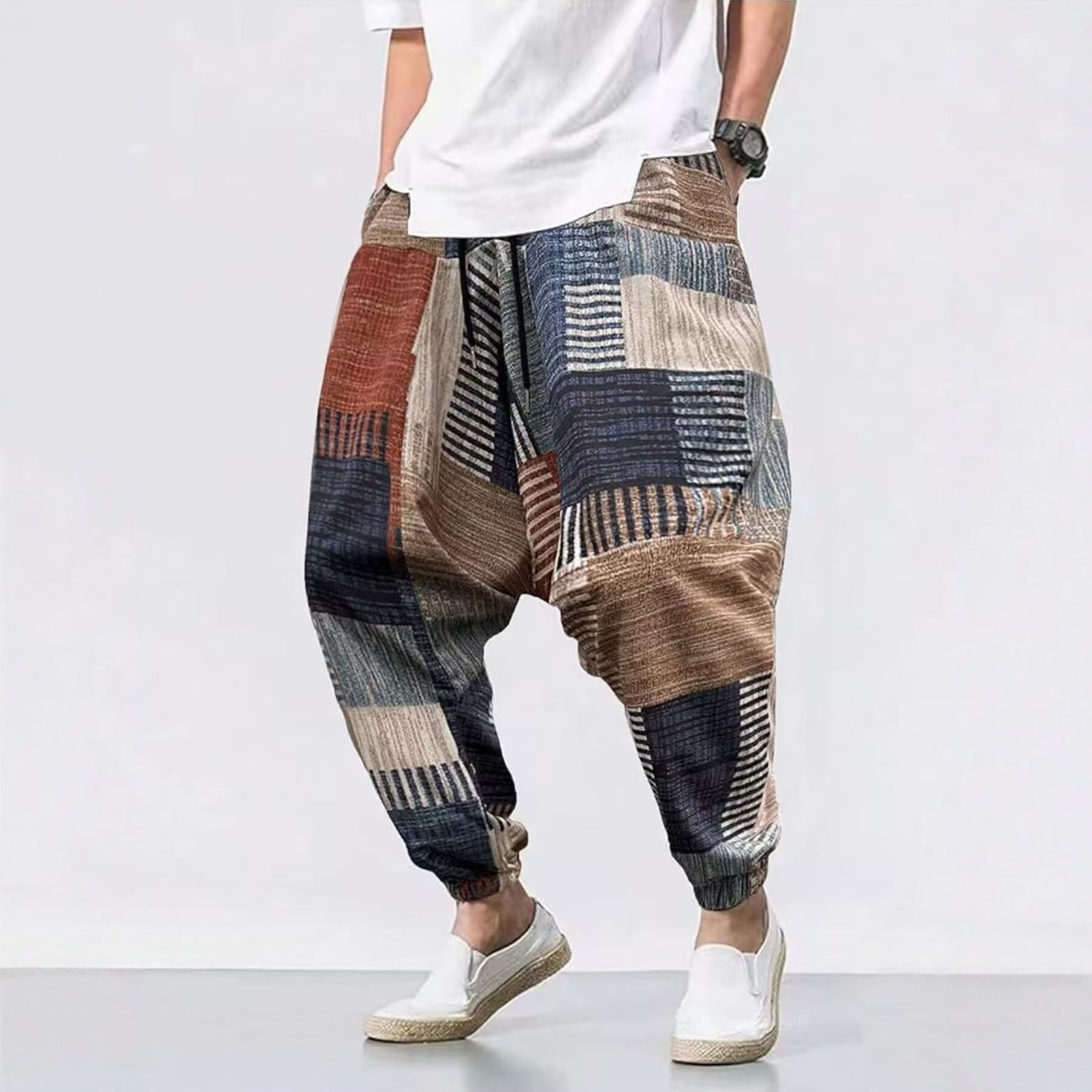2025 New Cross-Border Men's Patchwork Harem Pants Loose Casual Ethnic Style Long Pants Drawstring Cuff Trendy Pants