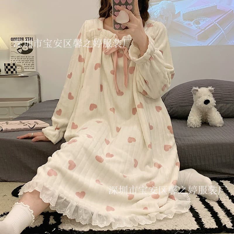 Sweet Heart Nightgown for Women Long Sleeve 2024 New Autumn Winter Coral Fleece Pajamas Flannel Plus Thick Homewear