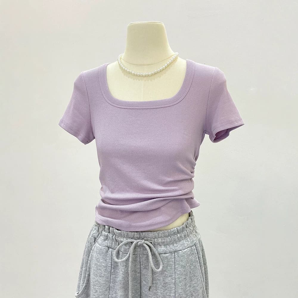 Taro Purple Slimming U-Neck T-Shirt for Women 2026 Summer Short Top with Cinched Waist Sweet and Chic Short Sleeve Base Layer