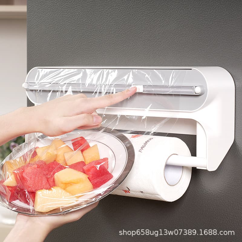 2-in-1 Plastic Wrap Cutter Magnetic Wall Mount Dual-use Kitchen Paper Holder Foil Baking Paper and Bag Dispenser