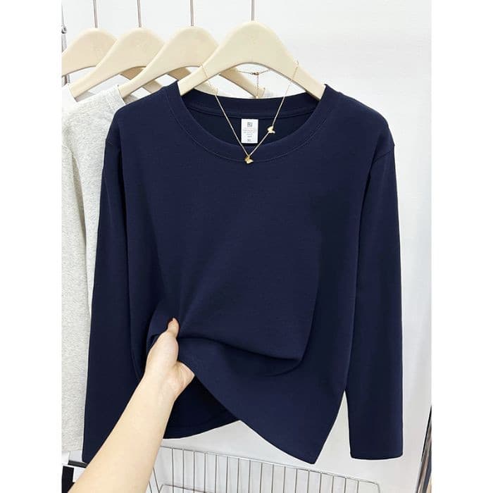 Large size slimming and flesh-covering solid color right shoulder long-sleeved T-shirt for women in early autumn with fat mm casual commuting bottoming shirt top