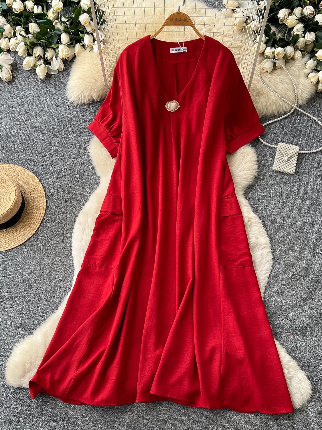 Commuter Style Red A-Line Dress for Women, Summer Short Sleeve V-Neck Slimming Long Dress, 2026 New Loose Fit Dress