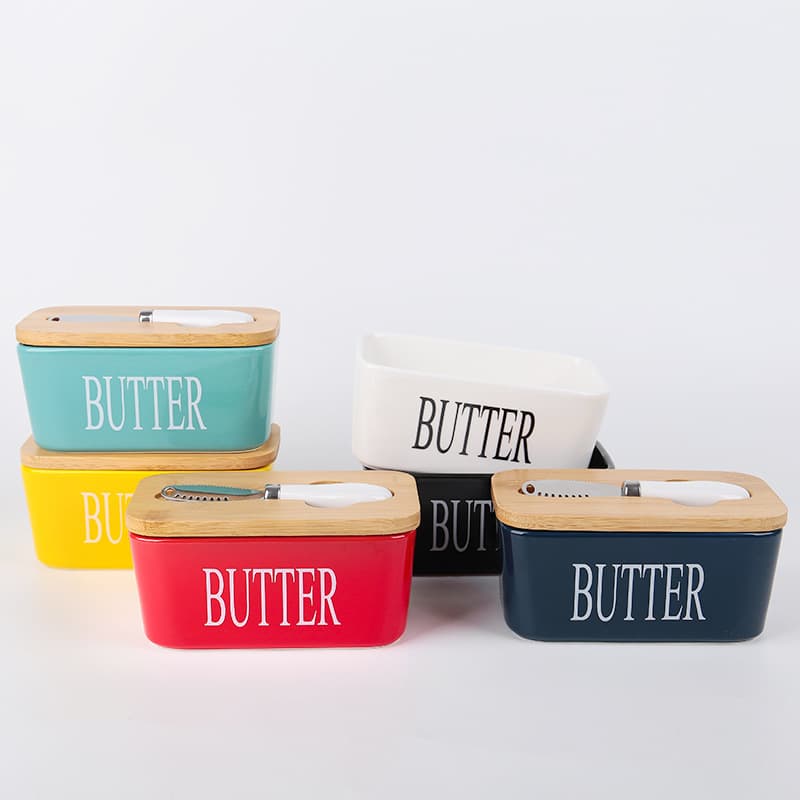 Ceramic Butter Dish with Matching Butter Knife, Bamboo Lid, Multiple Colors, Simple and Sealed Butter Box for Home Use