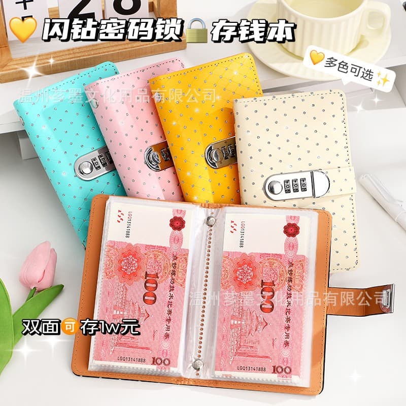 Cross-border broken diamond cash savings book password lock wallet money book large-capacity banknote storage bag a6 hand ledger