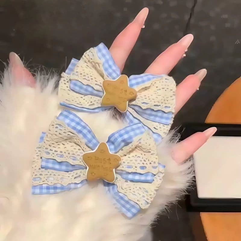 Cute Blue Star Bow Lace Hair Clip for Women, Side Fringe Hair Clip, Duck Hair Accessory