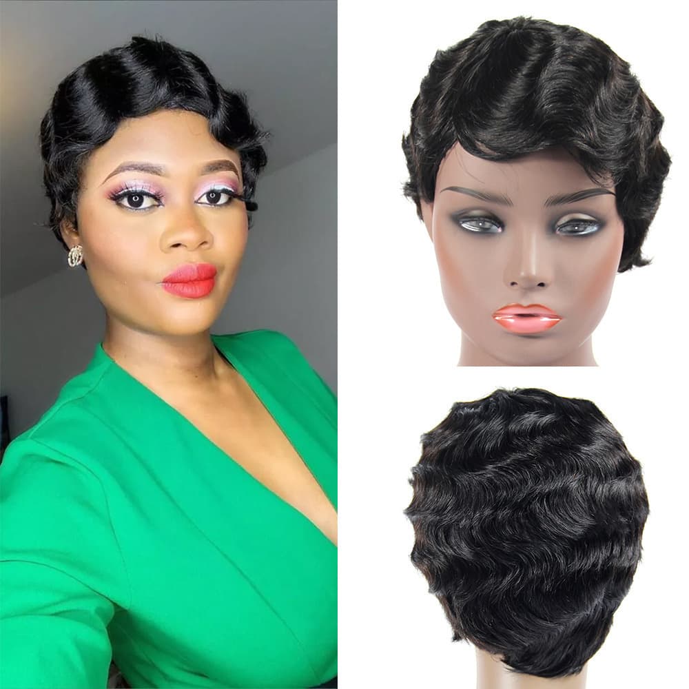 Short Human Hair Finger Wave Wig human hair Shanghai sea wave short wig