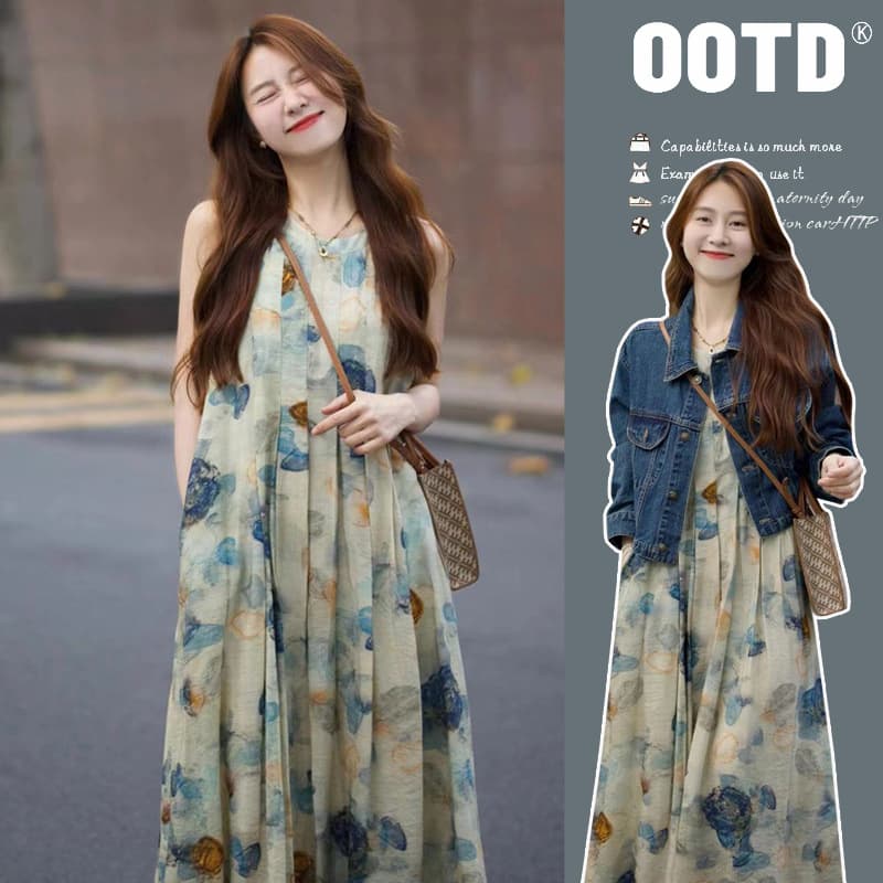 In Stock Spring New Ink Painting Vest Maternity Dress Denim Jacket Two-Piece Set