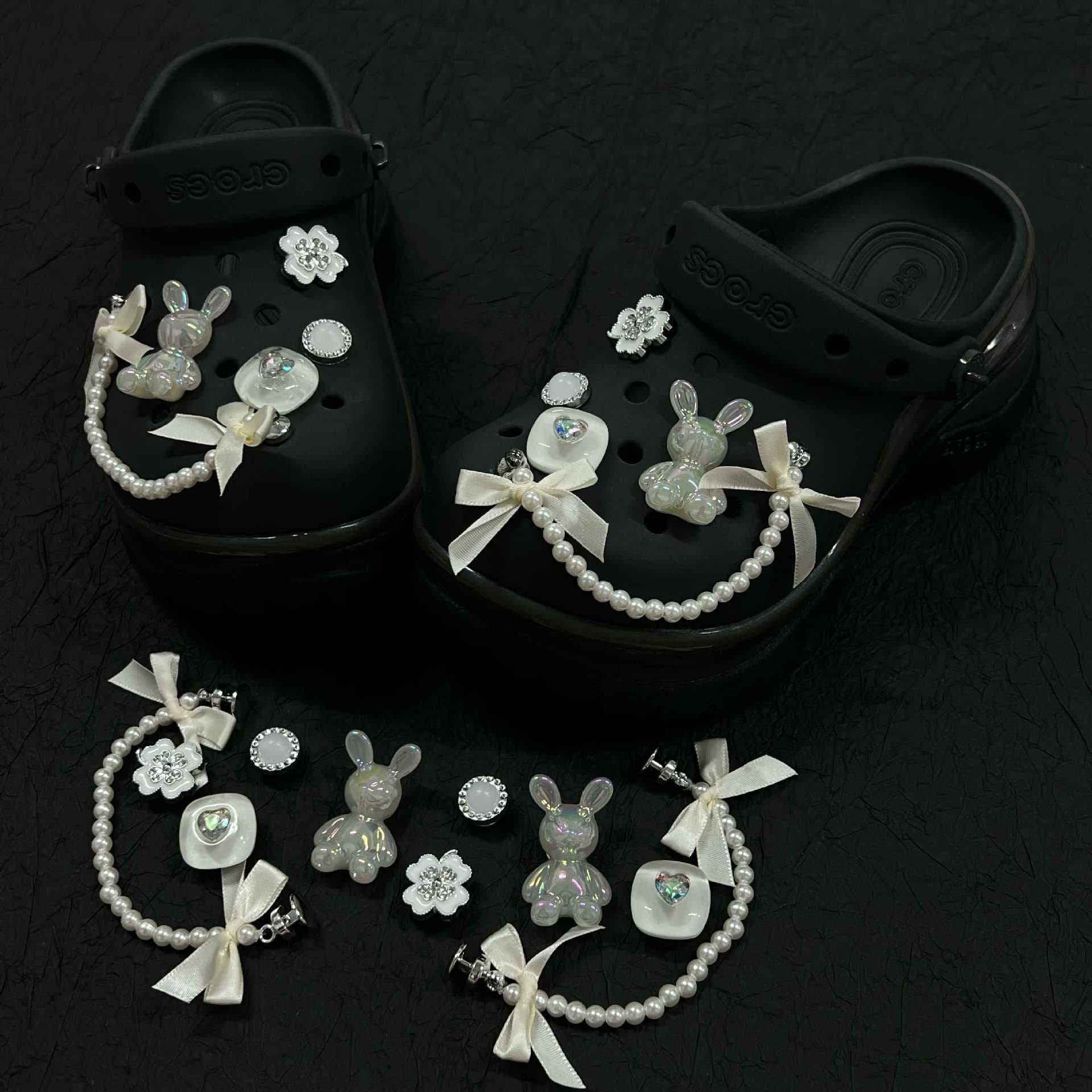 Pearl Moon Rabbit Bow Adapter for Little Dolphin Croc Charms Premium DIY Shoe Charms Original Chain Buckle