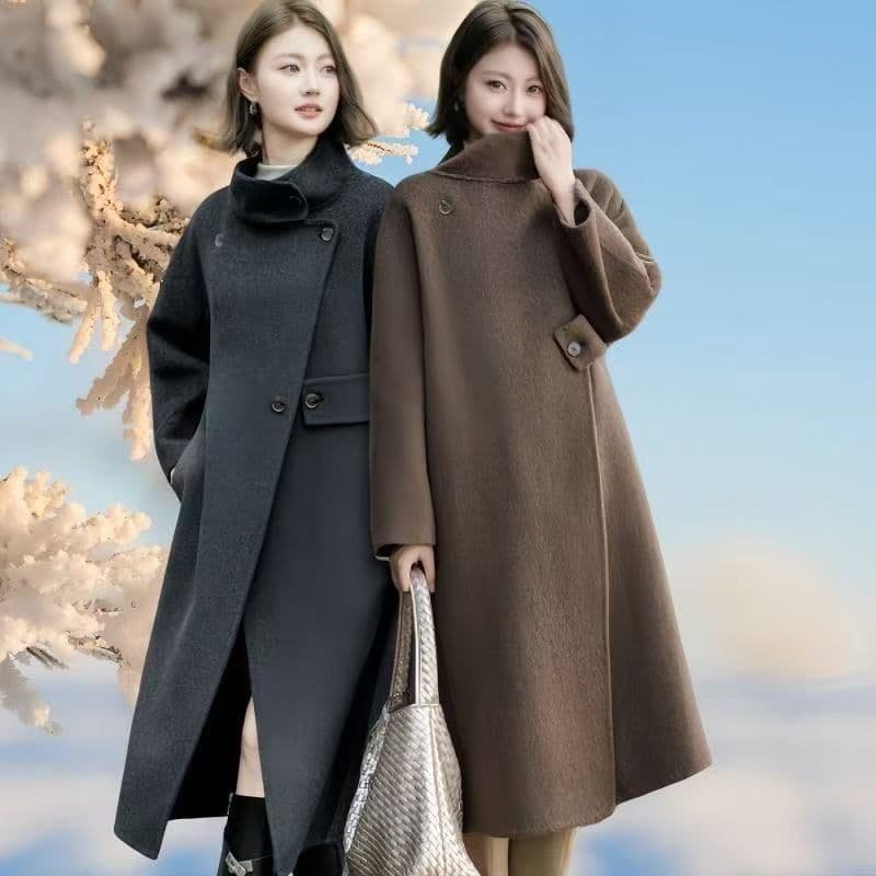 Autumn/Winter Maillard Retro Elegant Fashion Loose Stand Collar Double-Faced Wool Coat Mid-Length High-End Coat for Women