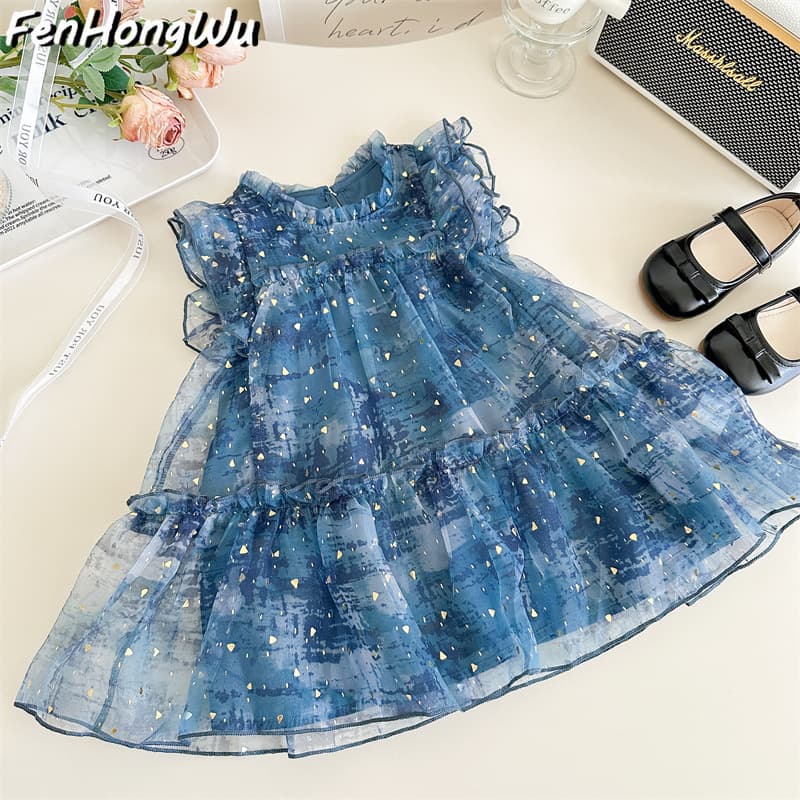 [Pink House] Girls Summer Dress New Fashionable Children's Princess Dress with Small Flutter Sleeves Mesh Skirt