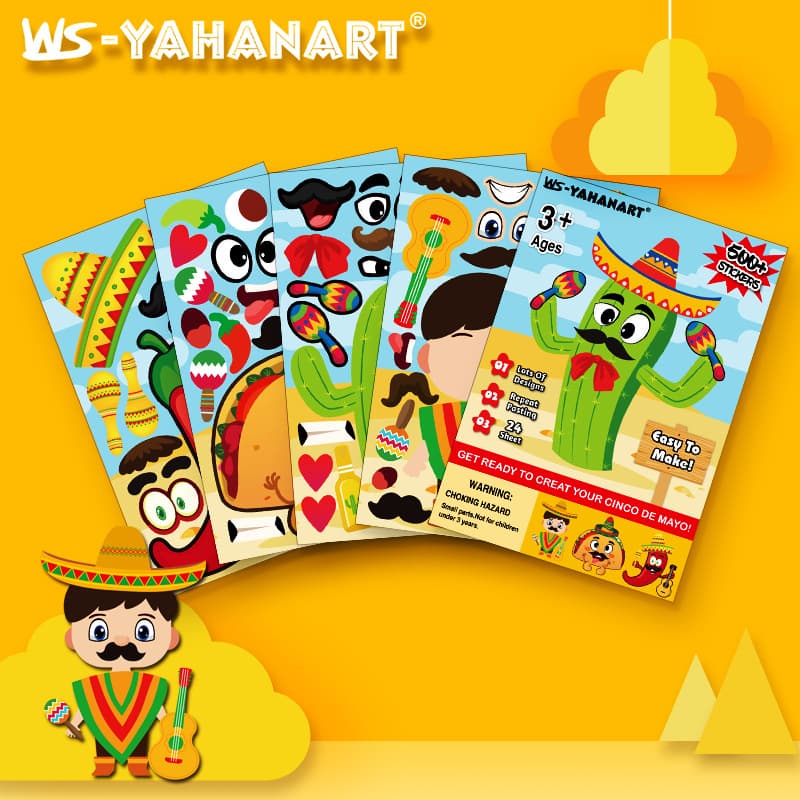 Cross-Border Hot Selling Cartoon May 5th Children's Decorative Stickers Wall Game Expression Game Stickers Scratch Art Set