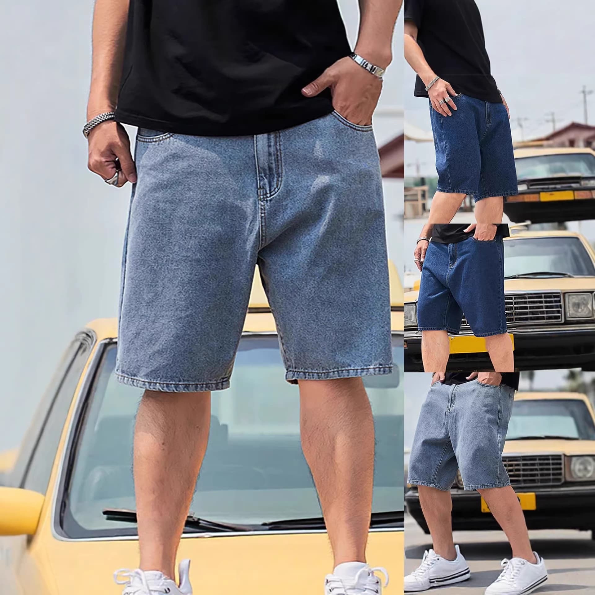 European and American new denim shorts for men, casual loose straight-leg mid-length pants