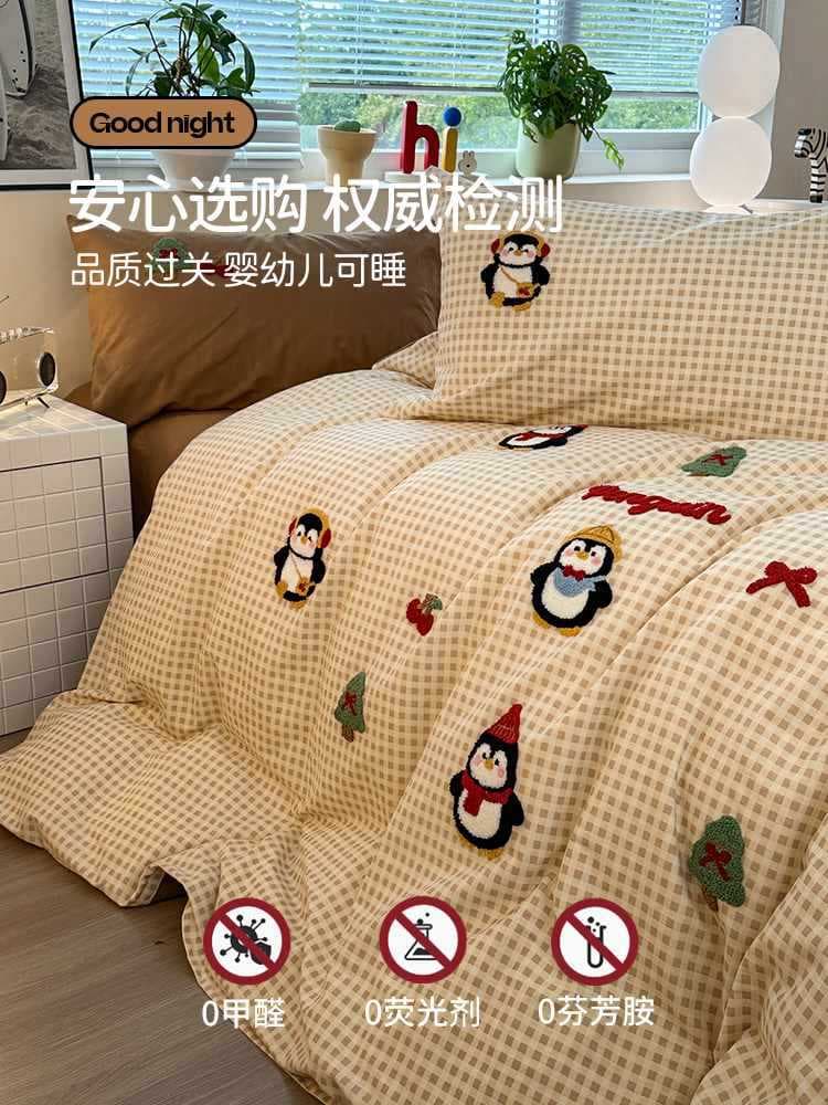 ♔Category A Cartoon Penguin Autumn/Winter Thick Brushed Pure Cotton Duvet Cover Single 150x200x230cm for Single Bed
