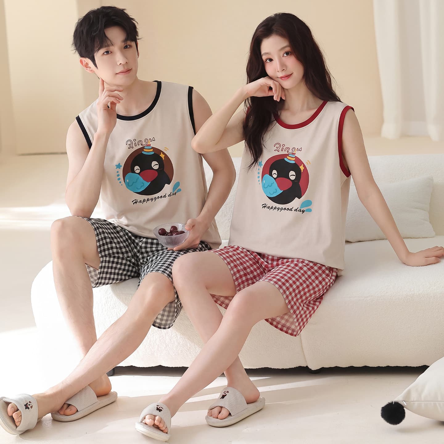 Couple pajamas summer women's sleeveless cute vest shorts set pure cotton men's cartoon home clothes can be worn outside