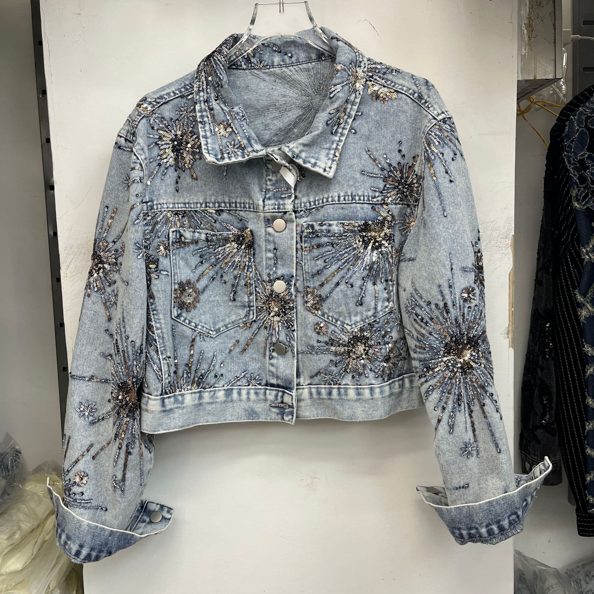 European Style Heavy Embroidery Sequined Design Short Denim Jacket for Women, Versatile Petite Fit Casual Top