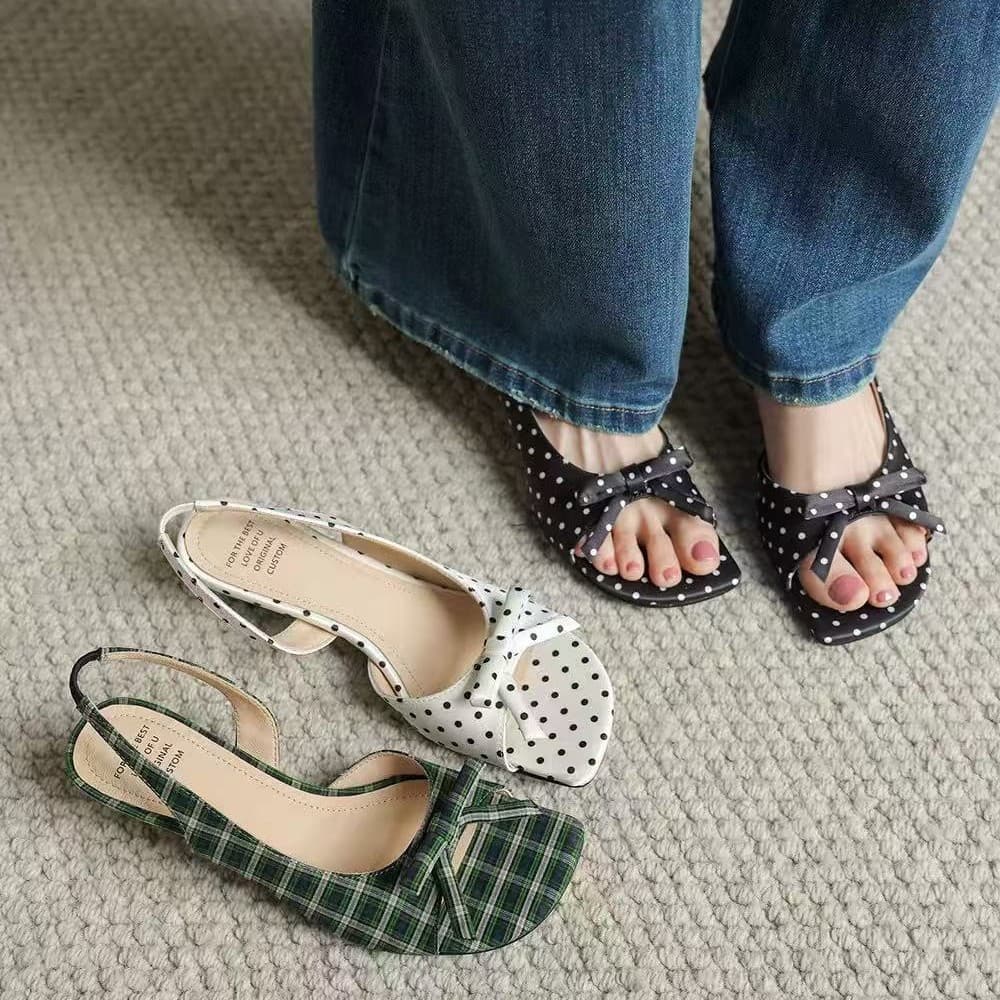 Thin Heel Back Strap Open Toe Low Heel Sandals Slip-On Retro Women's Square Toe 2026 French Polka Dot Bow