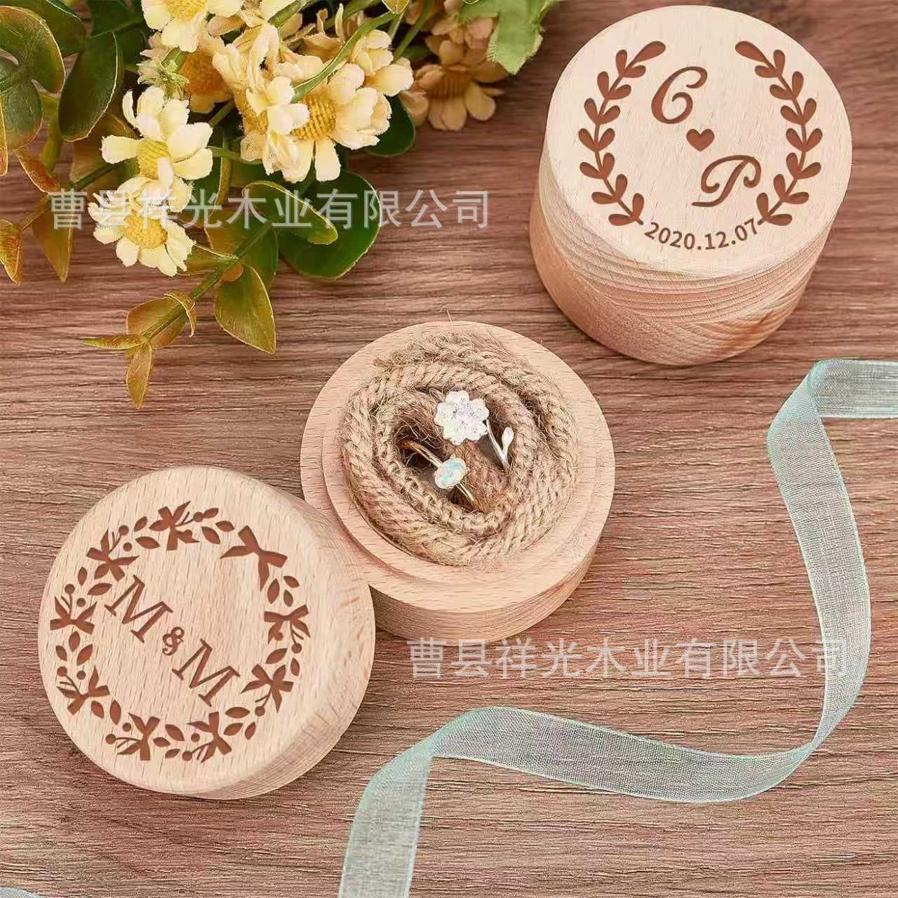 Round Proposal Ring Box Vintage Wooden Jewelry Storage Box Portable Ring Earring Accessory Case