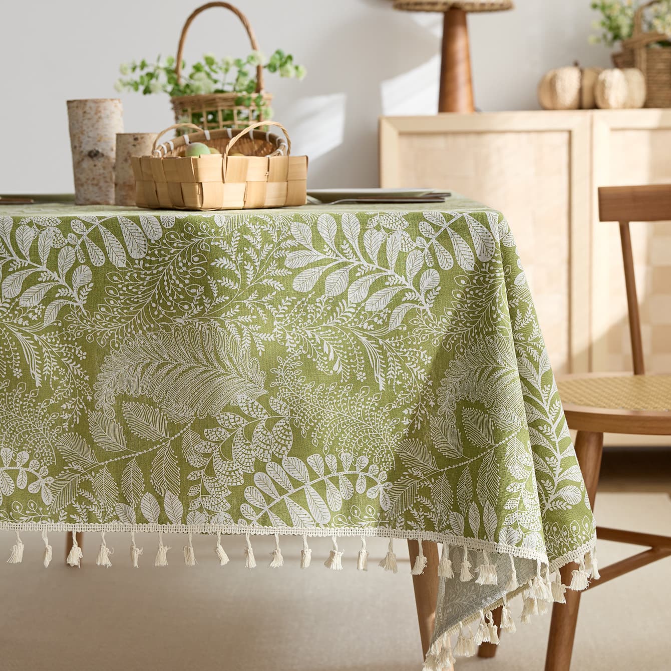 Forest-style Cotton Linen Fabric Rustic Green Plant Tablecloth, Farmhouse Dining Table Cloth, Small Fresh Rectangular Light Luxury Coffee Table Cloth
