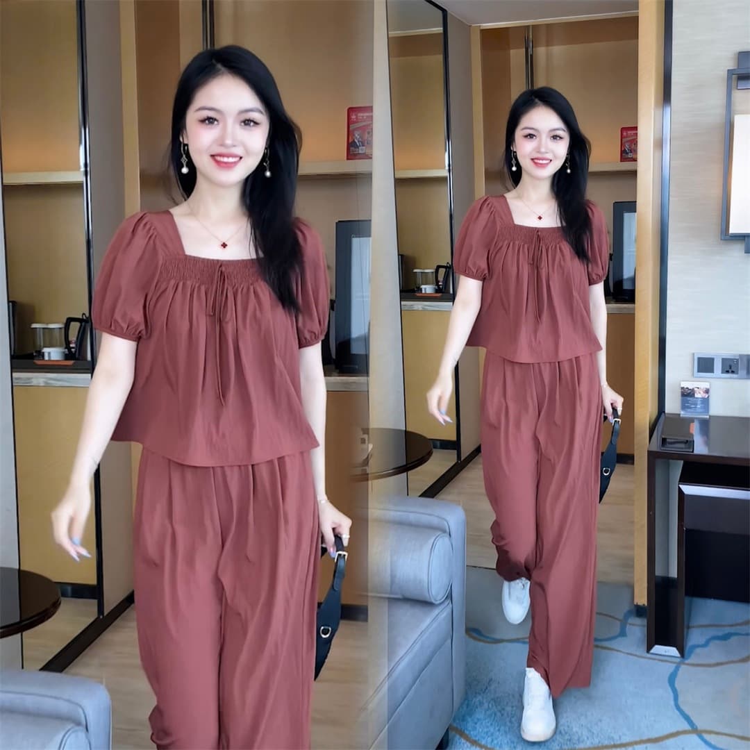 Casual Elegant T-Shirt and Pants 2-Piece Set Women's Spring Summer 2023 Fashionable Age-Reducing Puff Sleeve Solid Color Top Suit