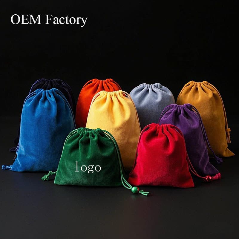 Multicolored velvet drawstring pouch for jewelry, available for wholesale with logo printing, direct from manufacturer