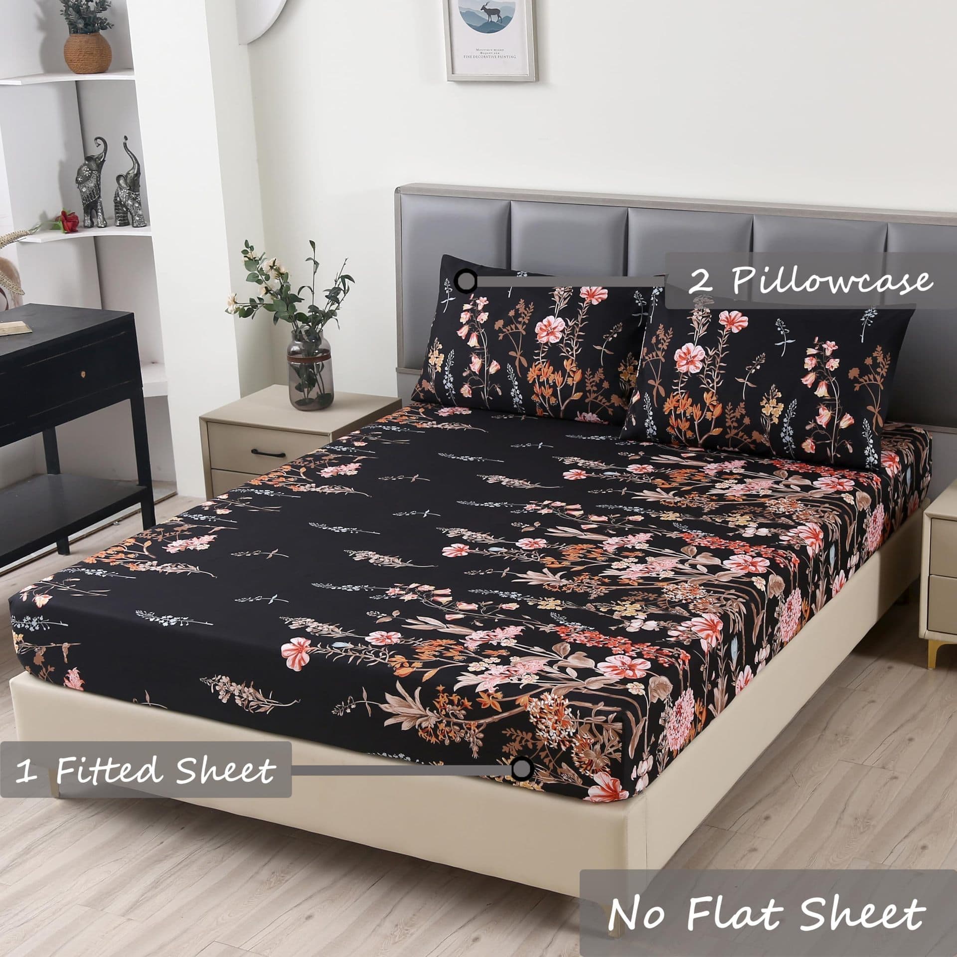Black Floral Vintage Plant Theme Fitted Sheet 3-Piece Set Digital Print Cross-Border Bedding Set