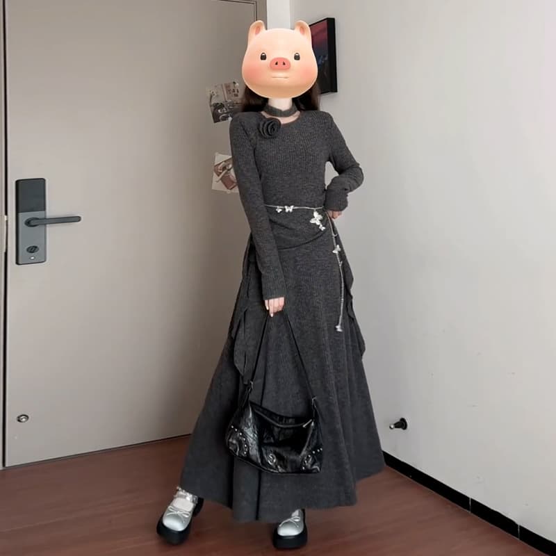 Irregular Gray Knit Dress Women's Autumn Winter 2025 New French Style Elegant High-end Sense Little Fragrance Long Dress